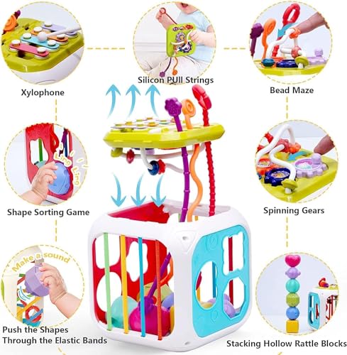 Image of Cable World Montessori 7 in 1 Baby Sensory Toy for Kids - Educational Learning Shape Sorter, Activity Stacking, Interactive Fine Motor Skill Development - Multicolor