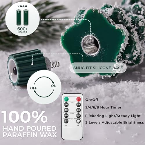 Image of Stmarry 4 PCS Flameless Christmas Tree Candles with Remote, Snow Covered Real Wax Flameless Taper Candles 9.65 Inch, LED Candlesticks Battery Operated with 3D Flickering Flame, Christmas Candles Decor
