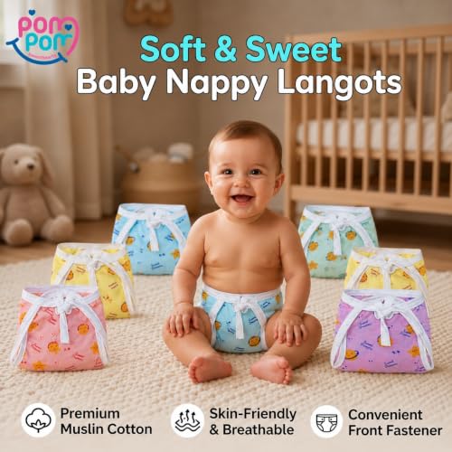 Image of Muslin Langots for new born 0-3 months| Cotton Nappy Washable Reusable, Skin-Friendly U-Shape Tie up Nappies Infant babies, Newborn Baby Clothes Cloth Diaper Pack of 10 Multicolor Printed