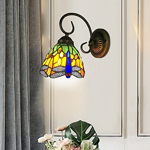Image of Wall Sconce Bedside Wall Mount Lamp 1-Light Dragonfly Stained Glass Shade Wall Light for Bedroom Hallway Stairway Balcony
