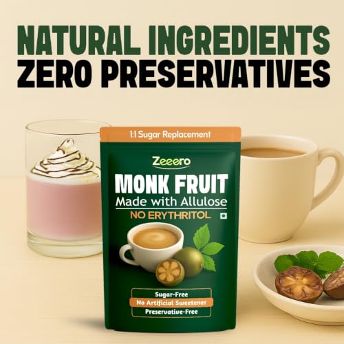 Image of Zeeero Monk Fruit without Erythritol | Monkfruit with Allulose Sweetener | 1:1 Sugar Replacer | Monk sugar /monk fruit powder | No Preservatives 150g