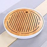 Hoobar Bamboo Kungfu Tea Tray Table Serving Round Tray Chinese Style Water Storage (Round White)