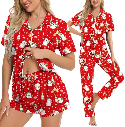 Image of SWOMOG Womens 3pcs Button Down Pajamas Set Short Sleeve Sleepwear Bride Pj Lounge Set with Long Pants