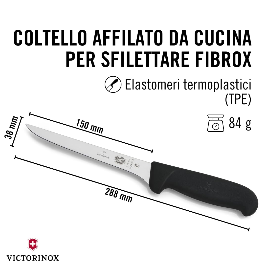 Victorinox Fibrox, Coltello per disossare, Coltello da Cucina stretto per Carne e Pollame, 15 cm, Lama Dritta, Stretta, Flessibile, Affilata, Acciaio Inossidabile, Nero