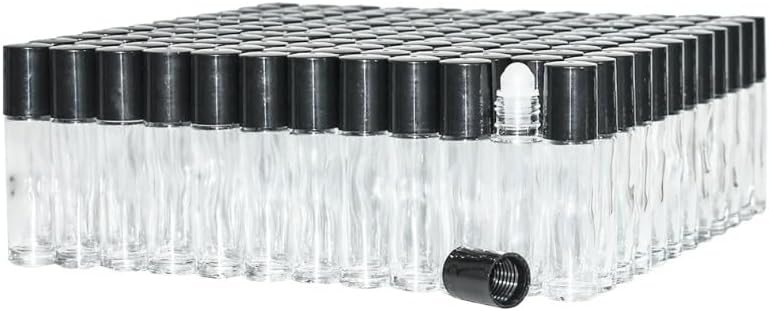 1/3oz plain roll on glass bottles with roller and black caps- 144 PACK; Essential Oils Roll On Bottle; Perfume Roller Bottles; Refillable Clear Glass; Deodorant Bottles
