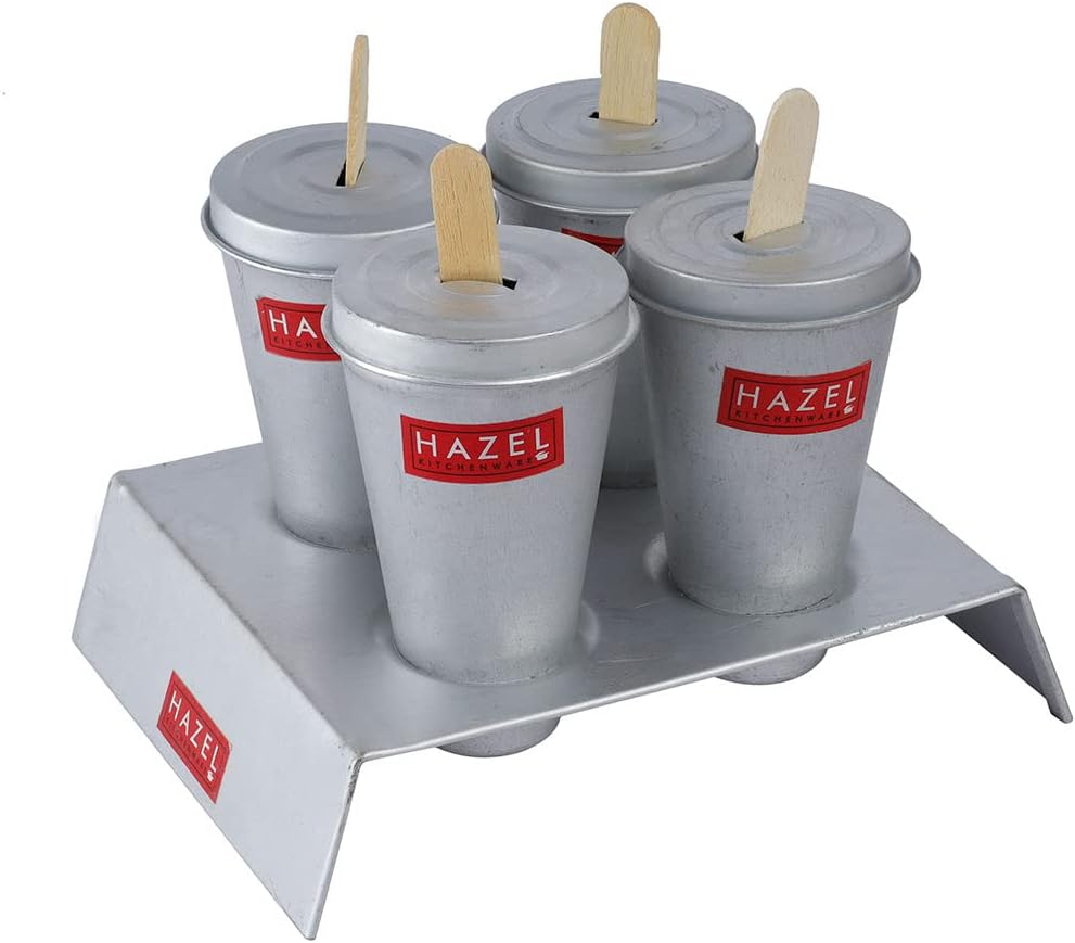 HAZEL Aluminium Reusable Kulfi Maker Mould 130ml Each | Candy Mould Popsicle Moulds Ice Candy Maker for Children & Adults | Homemade Ice Cream Mould Tray with Stick, 4 Pcs Set with Stand