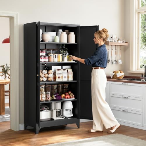Image of Yizosh Metal Storage Cabinet with 2 Doors and 4 Adjustable Shelves,- 72 inch Black Kitchen Pantry Storage Cabinet for Kitchen,Living Room,Dining Room
