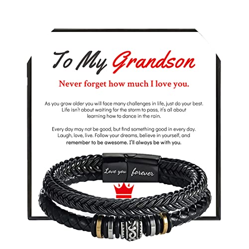 To My Son/Grandson Bracelet Multi-Layer Braid Leather Bracelet with Clasp Black Inspirational Bangle Bracelet Wristband,Graduation Back to School Gifts Birthday Gifts for Teens Boys Men(Grandson, Black)