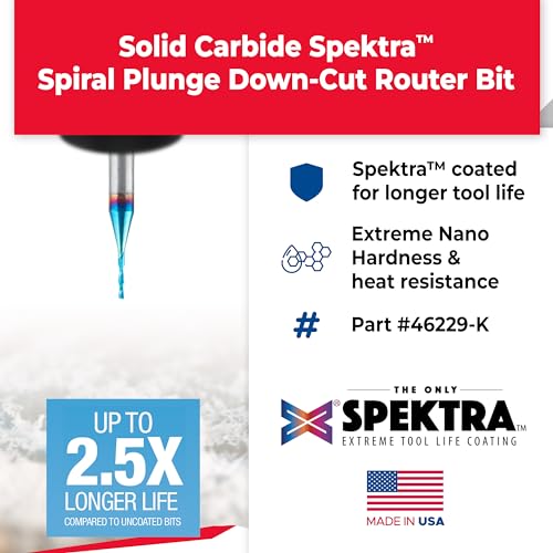 Image of Amana Tool Solid Carbide Spektra Extreme Tool Life Spiral Plunge Router Bit Down-Cut, 46229-K, 1 /32 Dia x 1 /8 x 1 /8 CH Inch Shank 2 Inch L