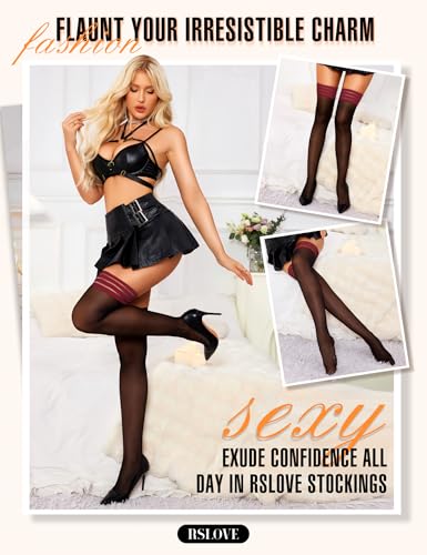 Image of RSLOVE Thigh High Stockings for Women - Stripe Top with Anti-Slip Silicone Stay Up Sheer Pantyhose for Cosplay, Date Night