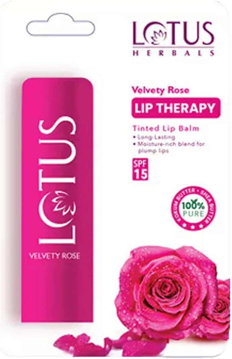 Lotus Herbals Lip Therapy Tinted Lip Balm - Velvety Rose | SPF 15 | Moisturises, Heals & Protects Lips | 4g