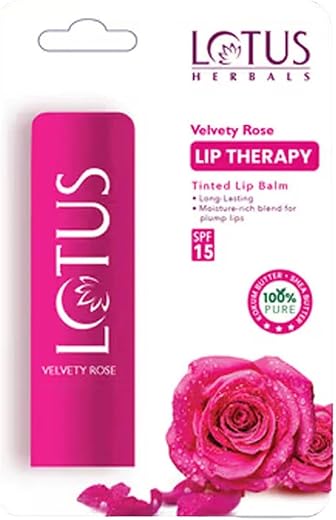 Lotus Herbals Lip Therapy Tinted Lip Balm - Velvety Rose | SPF 15 | Moisturises, Heals &amp; Protects Lips | 4g