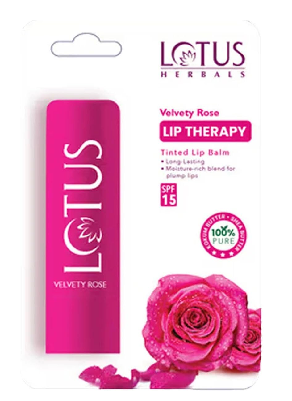 Lotus Herbals Lip Therapy Tinted Lip Balm – Velvety Rose | SPF 15 | Moisturises, Heals & Protects Lips | 4g