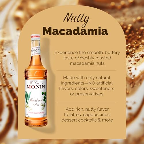 Image of Monin Macadamia Nut Syrup for Drinks - Gluten Free - 750 ml / 25.4 fl oz | Macadamia Nut Syrup Flavoring for Coffee, Milkshakes, Cocktails, Mochas, Lattes & More, Naturally Flavored, Kosher, Non-GMO