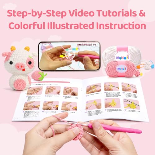 Image of Mewaii Crochet Kit for Beginners Level 3 with 40% Extra Eco-Friendly Pre-Started Easy Yarn, Step-by-Step Video Tutorials for Adults and Kids (Strawberry Cow)