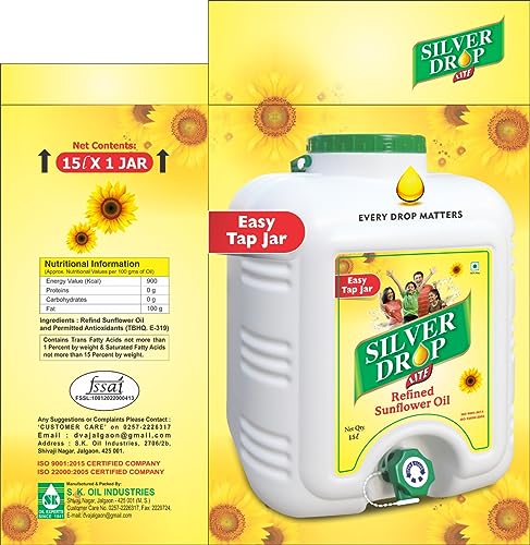 Image of Silver Drop Refined Sunflower Oil 100% Natural, Pure for Cooking and Frying | Healthiest Cooking Oil | Edible Cooking Oil (15 Liter Tap Jar)