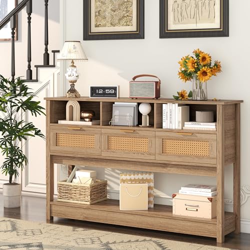 knoworld Rattan Console Table, Entryway Table Sofa Table with Storage, Hallway Foyer Table Behind Couch Table, Wood Console Tables Open Storage Shelf for Living Room, Hallway