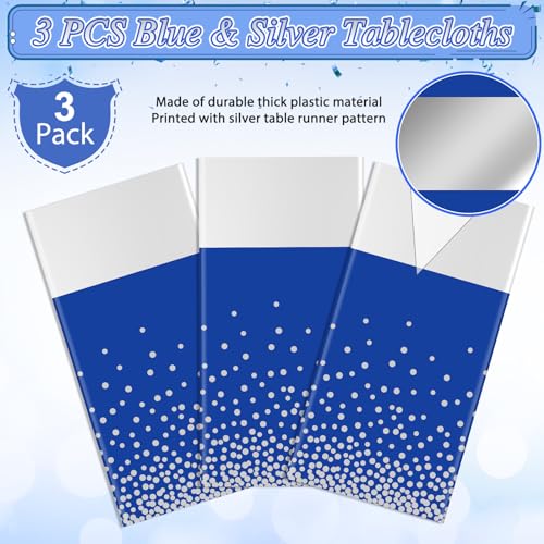 Image of 3Pcs Blue and Silver Tablecloth Party Decorations,Plastic Royal Blue Table Cloth Printed Silver Table Runner Disposable Rectangle Tables Cover for Anniversary Wedding Graduation 2025 Party,54x108 Inch