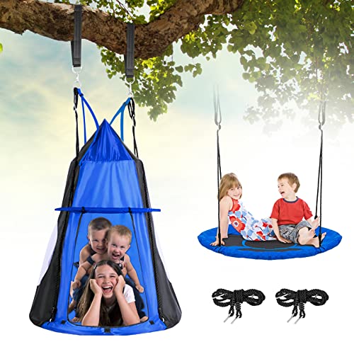YU YUSING Balançoire Nid d’Oiseau avec Tente, Diamètre 100 cm à Suspendre Enfant Adulte Jardin Extérieur, Réglable en Hauteur de 100 à 160 CM, , Poids max150 kg,Bleu Cover