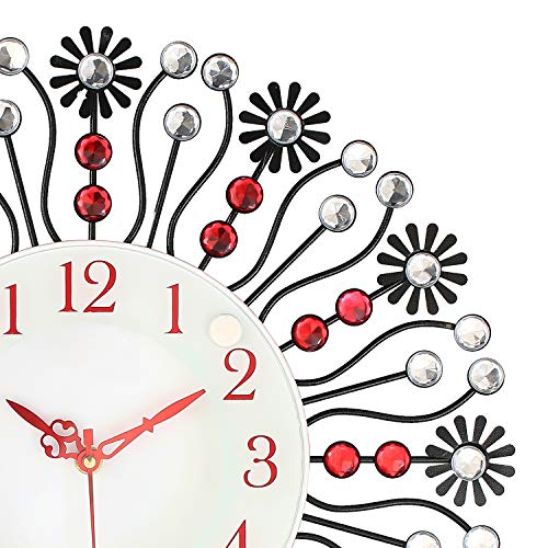 Image of CHRONIKLE Floral Design Stylish Round Diamond Studded Analog Metal Crystal Wall Clock for Living Room Home Decorations Office Gifts (Size: 37 x 5 x 37 CM | Color: Red & Black | Weight: 735 Gram)