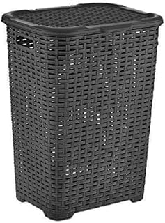 Muddy Hands 60 Litre Plastic Laundry Basket with Lid Large Rattan Washing Clothes Storage Hamper Bin (Black)