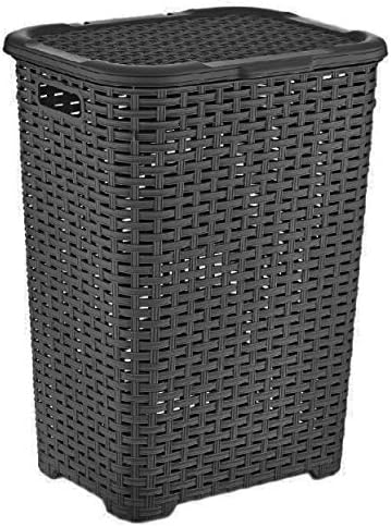 Muddy Hands 60 Litre Plastic Laundry Basket with Lid Large Rattan Washing Clothes Storage Hamper Bin (Black)