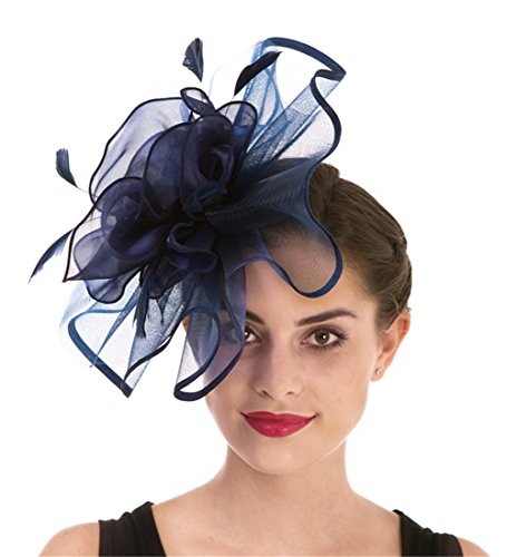 Fascinator Women's Organza Church Kentucky Derby British Bridal Tea Party Wedding Hat Summer Ruffle Hat(Hj2-Navy) - Thumbnail 3