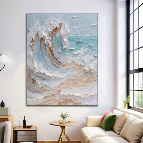 Dipinto 3D Pittura A Olio Beige su Tela, Oceano Onde Poster Stampa su Tela, per Veranda, Corridoio, Camera da Letto, Quadri Decorazioni Murali, 50x70cm Senza Cornice