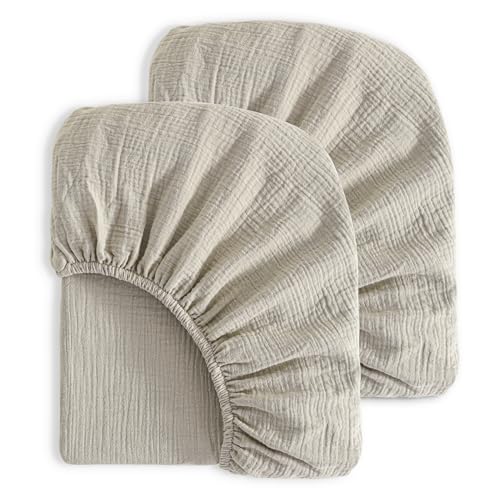 Image of NTBAY 2 Pack Muslin Cotton Crib Sheets, Soft and Breathable Double Layer 28x52 Baby Crib Sheets for Standard Crib and Toddler Mattresses, Boys, Girls, Unisex, Khaki, 28x52 Inches