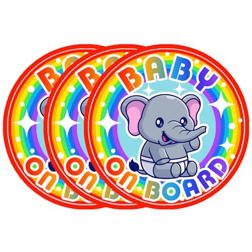 Image of Baby on Board Magnet for Car, Reflective Babies on Board Magnetic Sticker Car Sign, 3 Pack Waterproof Kids Safety First Warning for Parents (Rainbow Elephant)