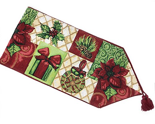 Tache Home Fashion Holiday Tidings Christmas Festive Decorative Tapestry Table Runners, 13X54, Ivory, Beige, Red, Burgundy, Green #TOP21