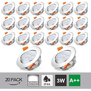 Hengda 20er Set 3W schwenkbare LED Einbaustrahler 230V IP44 Badleuchten 6500K 245lm Weiß Einbauleuchten LED Spots für Schlafzimmer Küche Büro