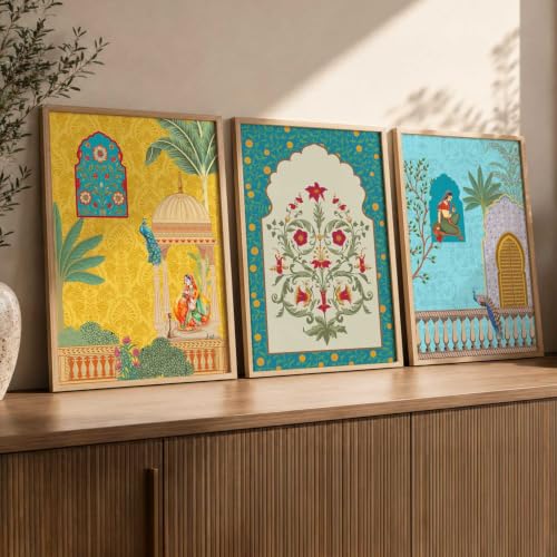 Image of kotart Indian Madhubani Wall Decoration | Madhubani Art Painting With Frame For Living Room Bed Room Hotel Wall Decor Digital Reprint Set of 3 (35x37 Inch)