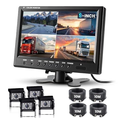 Podofo Vans RV Rückfahrkamera Set, 9 Zoll Monitor 4 Kameras, 4-Geteiltes Display 4-Kanal Video,...