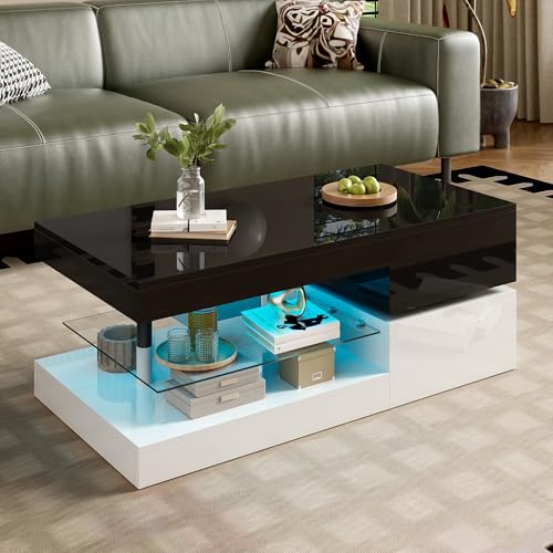 OKMYHOME Table Basse avec Rangement - Table Basse Salon avec LED, Contrôle APP et Bluetooth - Design Moderne Laquée Haut Brillant - Charge Maximale 35 kg -...