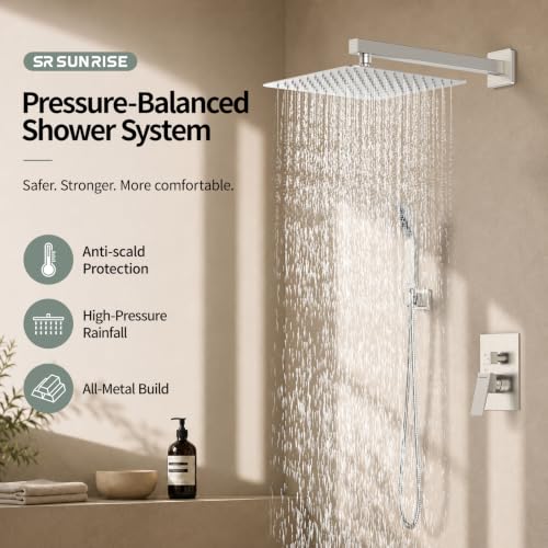 Image of SR SUN RISE Shower Faucet Set 12-Inch Rainfall Shower Head Brushed Nickel