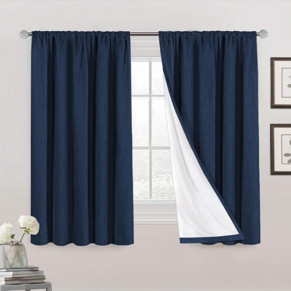 PrinceDeco Blackout Curtains 63 Inches Long 100% Blackout Curtains for Bedroom Rod Pocket Linen Textured Curtains Energy Saving with White Liner, 2 Panels(52 x 63 Inch, Navy)