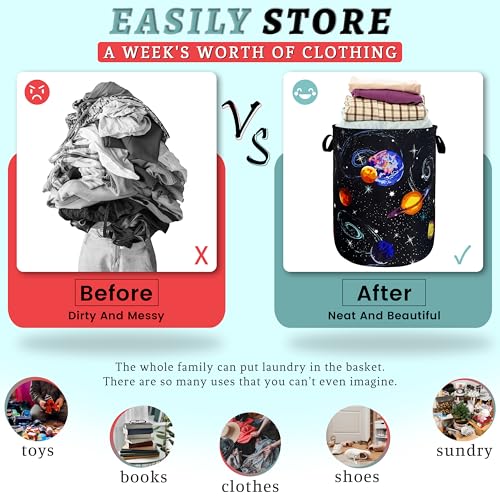 Image of Starry Sky Planets Laundry Basket Oxford Cloth Foldable Hamper 18.9x16.5 In