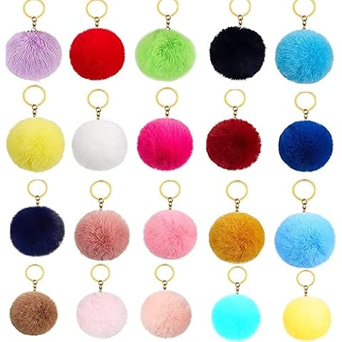 Pompoms Keychain 20 pieces Pom Pom Fluffy Keyring Multicolor Keyfob Faux Fur Balls for Girls Women Hats Shoes Bags Cover