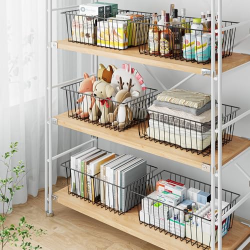 Large Black Wire Storage Baskets with Dividers - 6 Pack for Pantry Organization