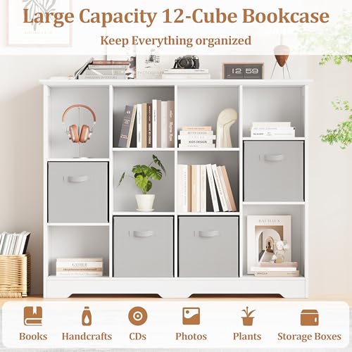Image of 12 Cube Storage Organizer Shelf, Wood Cubby Storage with 6 Fabric Drawers, 3 Tier Wooden Bookshelf with 2 Adjustable Shelves & Fluted Side Panels for Bedroom, Living Room, Home Office, Whtie