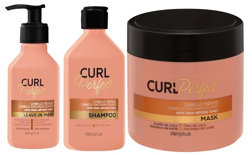 Deliplus Champú + mascarilla con aclarado + mascarilla sin aclarado Pack Curl Perfect para cabello rizado apto para el método curly 400 ml, 400 ml y 200