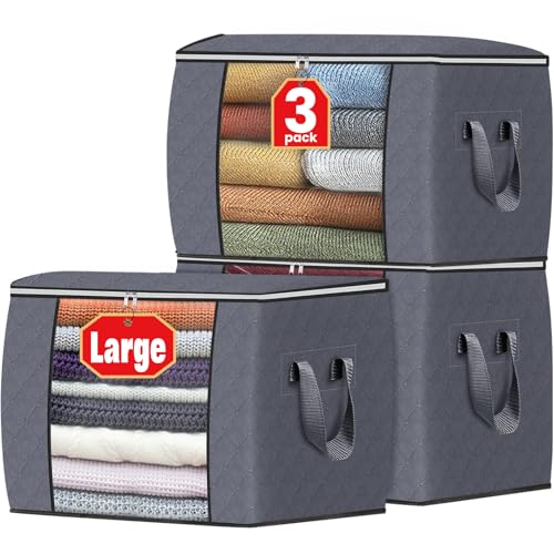 Image of Fab totes 24 Gallons Clothes Storage, Foldable Thick Fabric Blanket Storage Bags, Containers for Organizing Bedroom, Closet, Clothing, Comforter, Organization with Handle (3 Pack,Grey)
