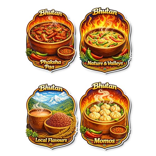 Image of Regalo Casila Bhutan Food Tourism Souvenir Fridge Magnets Set of 4 Phaksha Paa Momos Local Flavours Nature Valleys Decorative Refrigerator Magnets