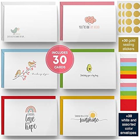 Dessie 30 Fun Thinking of You Cards With Envelopes. 30 4x6 Inch Note Cards With Envelopes Set - Blank Inside. 6 Unique Designs. Assorted Color Envelopes and Gold Seals. Sturdy Storage Box Cover