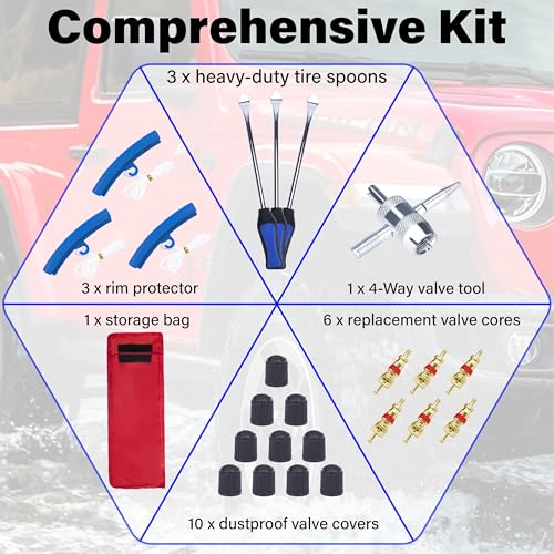 Image of 12.2 Inch Tire Spoons, Dirt Bike Tire Changing Tools, Tire Changing Kit, Tire Removal Tool, with Rim Protector, Valve Tool, Valve Cores and Caps, for Motorcycle /Lawn Mower /Tractor /Bicycle (Blue)