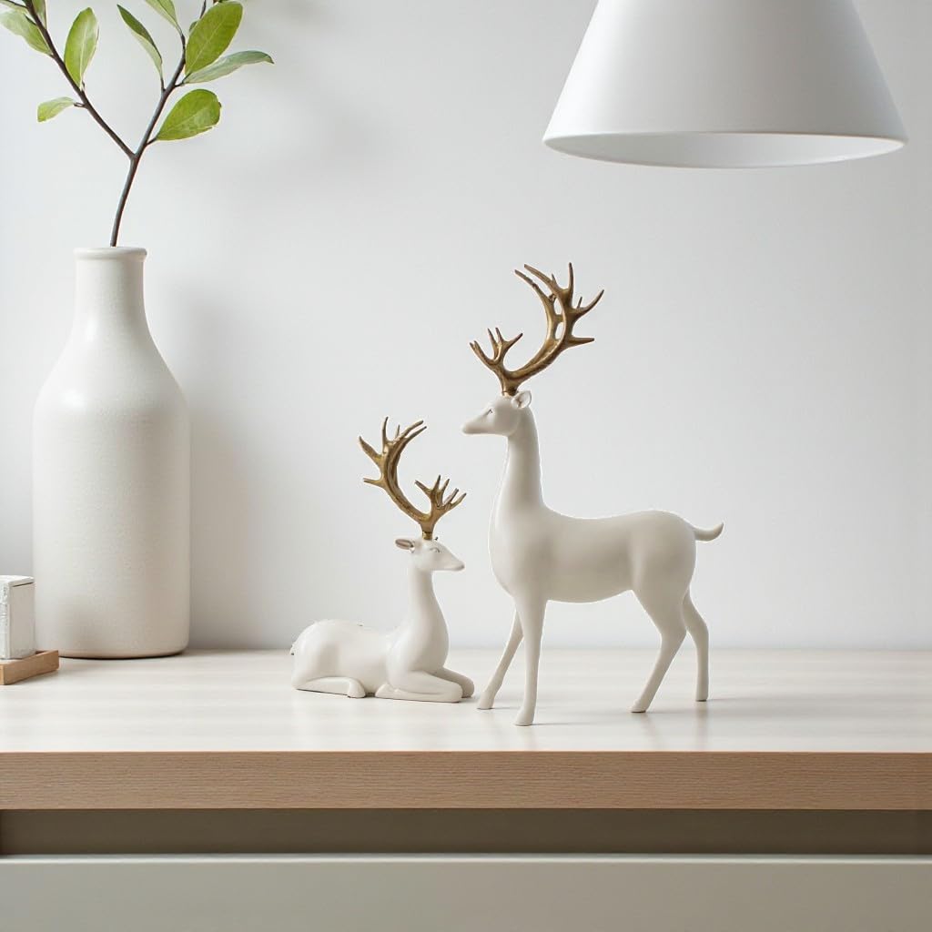 Tim Tim Agro 2 Pack Resin Christmas Reindeer Figurines Deer Statues Elk Sculpture Deer Ornaments for Living Figurine Statues TV Cabinet Home Office Wine Cabinet Decoration (White) 2