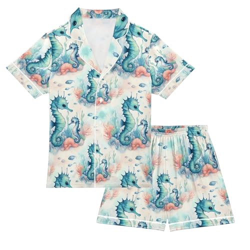 ALAZA Cute Seahorse Coral Reef Pajamas Satin Pajama Set Short Sleeve Button Down Sleepwear