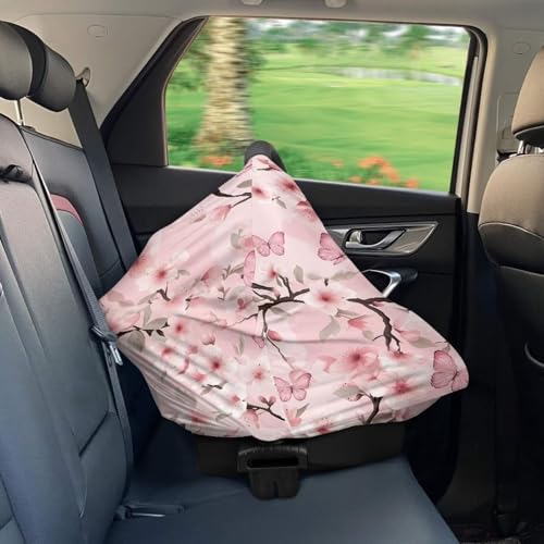 Image of Butterfly Nursing Cover Cherry Blossom Carseat Covers Baby Car Seat Cover for Girls,Stretchy Car Seat Canopy Multiuse Nursing Covers, Pink
