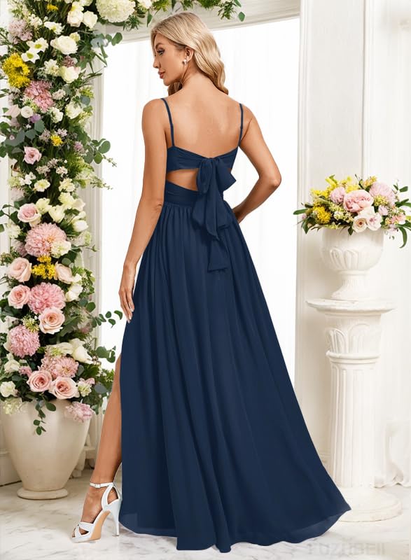 V Neck Chiffon Bridesmaid Dresses for Women Split Long Empire Waist Pleated Formal Dress with Pockets P1394